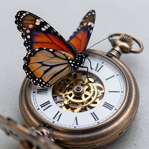 Photograph of a vibrant orange and black monarch butterfly perched on an antique brass pocket watch with intricate gears and white dial.
