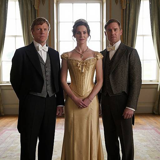 Photograph of three people standing in a brightly lit, elegant room. The woman in a gold dress is centered, flanked by two men in formal