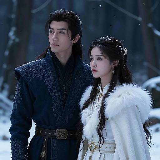 Fantasy Couple in Snowy Forest
