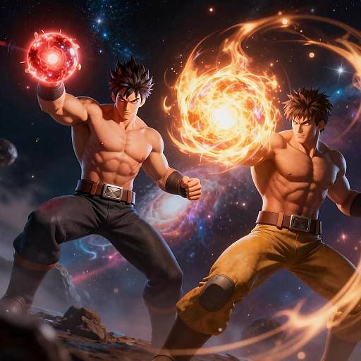 Dynamic Space Battle Between Two Muscular Warriors