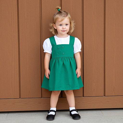 Photograph of a young girl with light brown hair in a bun, wearing a green pinafore dress, white shirt, black shoes, standing against