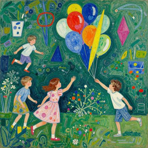 Vibrant, whimsical painting of three children chasing colorful balloons in a lush, chaotic garden filled with flowers, toys, and geometric shapes.