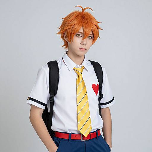 Photograph-style digital artwork of a young person with orange spiky hair, wearing a white shirt with a yellow tie, red heart patch, black suspend
