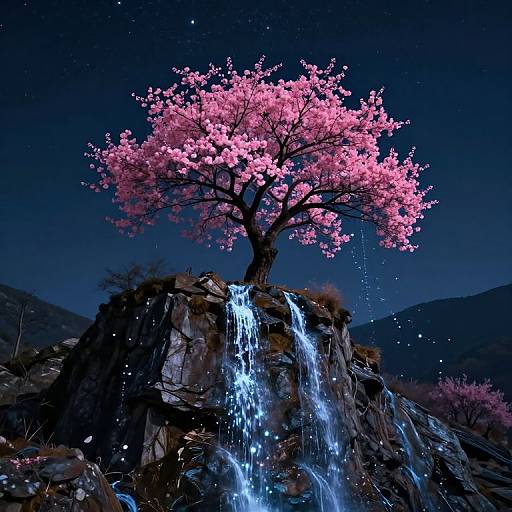 Photograph of a vibrant pink cherry blossom tree with glowing petals, illuminated by moonlight, cascading over a rocky waterfall under a starry night sky
