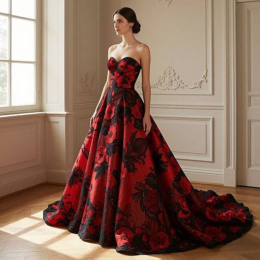 Photograph of a slender woman with fair skin and dark hair in an elegant, strapless red gown with black floral patterns, standing in a sunlit
