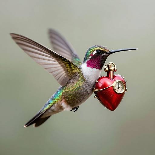 Photograph of a vibrant hummingbird with iridescent green and purple feathers, hovering mid-air, holding a red, heart-shaped ornament with a clock