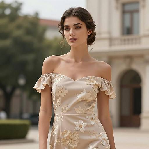 Elegant Woman in Floral Beige Off-Shoulder Dress