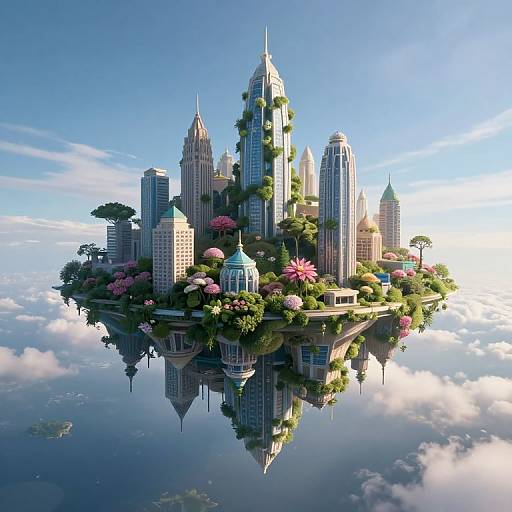 Photorealistic digital artwork of a futuristic floating city with skyscrapers, lush greenery, pink flowers, and a reflective water surface below.