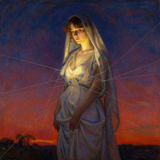 Digital artwork of a serene, fair-skinned woman in a white, flowing gown and veil, illuminated by a glowing light, against a dramatic, sunset