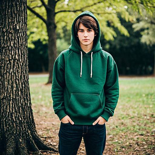 Realistic Outdoor Man in Green Hoodie