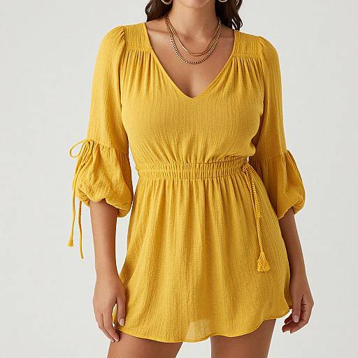 Photograph of a woman wearing a bright yellow, V-neck, ruffled, short-sleeve dress with a tie waist, and a gold chain