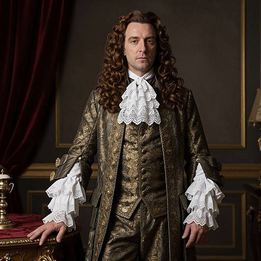 Photograph of a stern, long-haired man in an ornate, gold-patterned, 18th-century suit with white lace cuffs and collar,