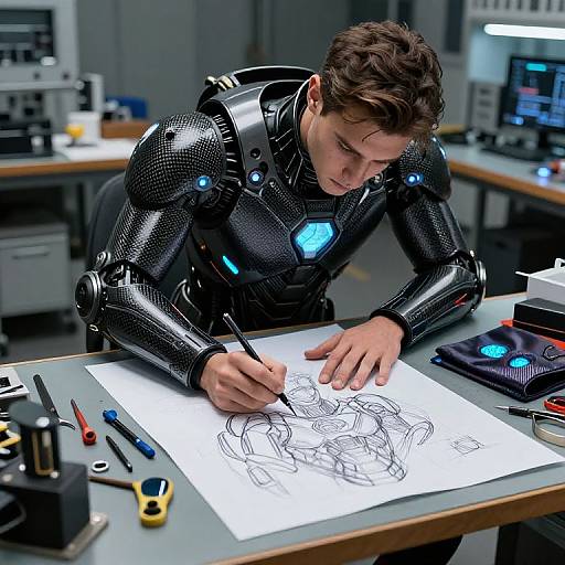 Photograph of a young man in a glossy black, futuristic exosuit, drawing intricate lines on white paper at a high-tech lab workstation.