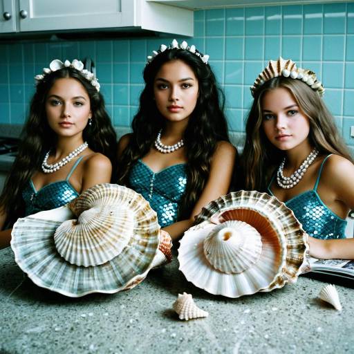 Three Teenage Mermaids with Seashell Accessories in Kitchen