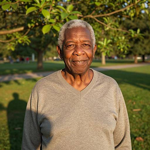 Photograph of a smiling, elderly African-American man with short gray hair, wearing a gray V-neck sweater, standing in a sunlit park with green