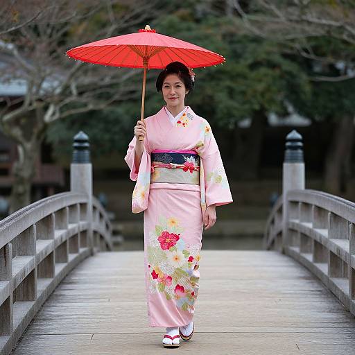 Photograph of a smiling Japanese woman in a pink floral kimono, holding a red umbrella, walking on a wooden bridge.