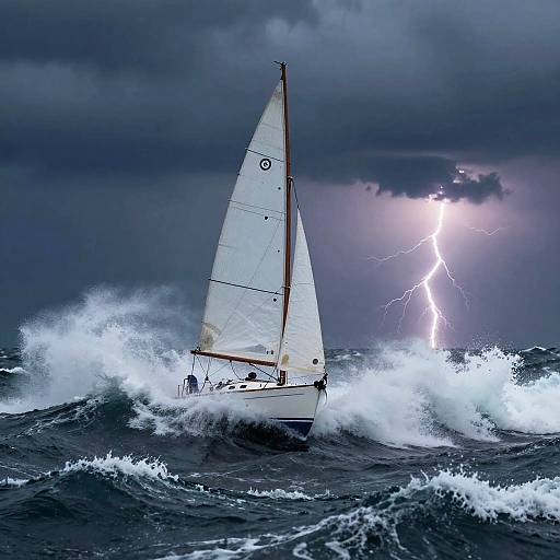 Sailboat in Stormy Seas with Lightning