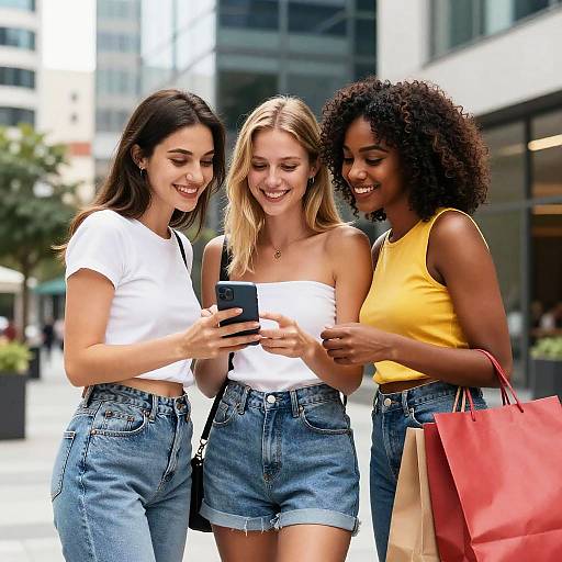 Three Friends Checking Phone in City