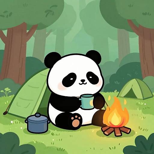 Cartoon panda sitting by a campfire, holding a mug, beside a pot and green tent in a forest. Digital illustration.