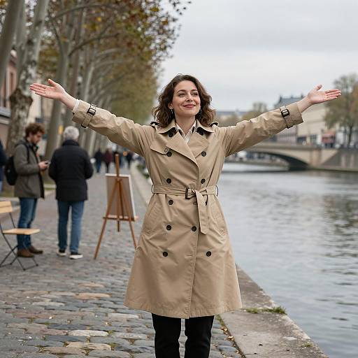 Woman in Beige Trench Coat by Riverbank