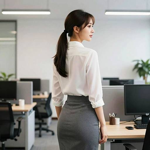 Photograph of an Asian woman with long black hair in a ponytail, wearing a white blouse and gray skirt, standing in a bright, modern office