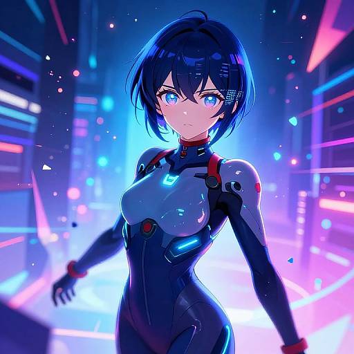 Digital anime artwork of a blue-haired, blue-eyed woman in a futuristic, form-fitting black and blue bodysuit, standing in a neon-l