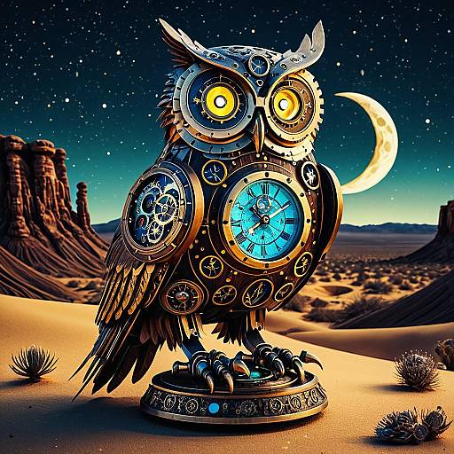 Steampunk Owl Automaton in Moonlit Desert