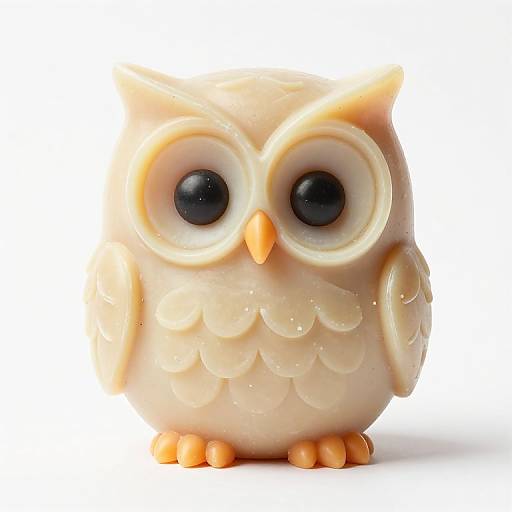 Photograph of a cute, cream-colored, ceramic owl with large black eyes, orange beak, and feet, featuring textured wing details.