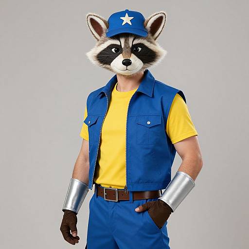 Photograph of a person wearing a raccoon mask, blue shirt, yellow undershirt, blue cap with star, blue pants, silver arm cuffs