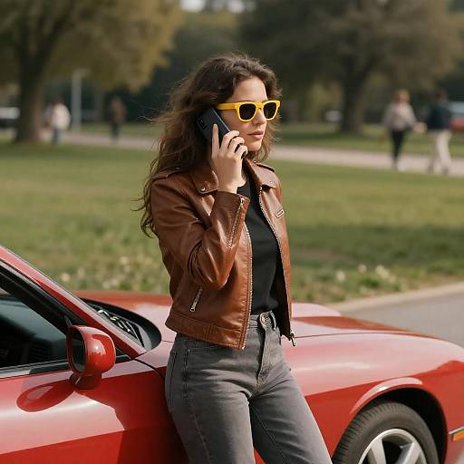 Woman by Red Muscle Car in Park