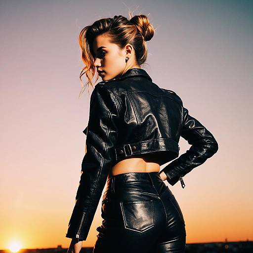 Woman with Twisted Half-Updo in Leather Outfit at Sunset