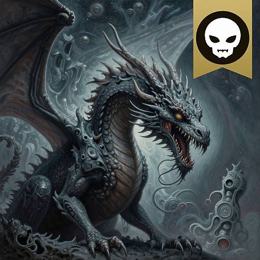 Digital fantasy artwork of a fierce, dark blue dragon with glowing orange eyes and sharp teeth, surrounded by swirling mist and bubbles. Skull logo in top right