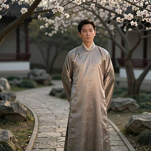 Photograph of an Asian man in traditional silver silk qipao, standing in a serene garden with blooming cherry blossoms and stone path.