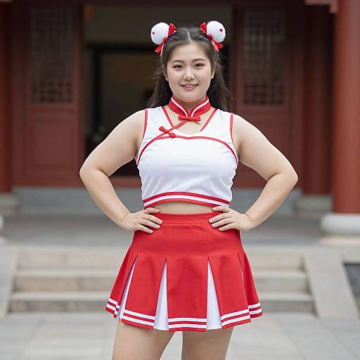 Asian woman in white and red cheerleader outfit with red skirt, white and red hair buns, standing confidently in front of traditional red building. Photograph
