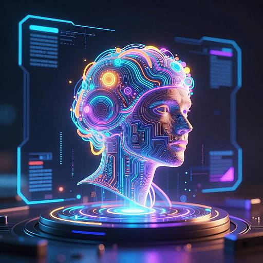 Neon-lit, digital CGI portrait of a futuristic female head with glowing blue, purple, and orange circuitry, floating on a glowing circular platform