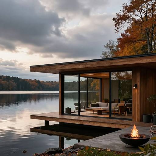 Modern wooden lakeside cabin with glass walls, outdoor seating, and a fire pit, reflecting on calm water under a cloudy sky.
