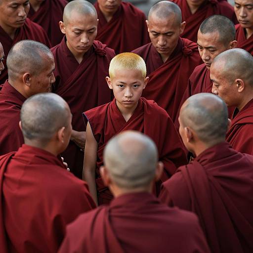 Bald Monks Encircle Young Focused Monk