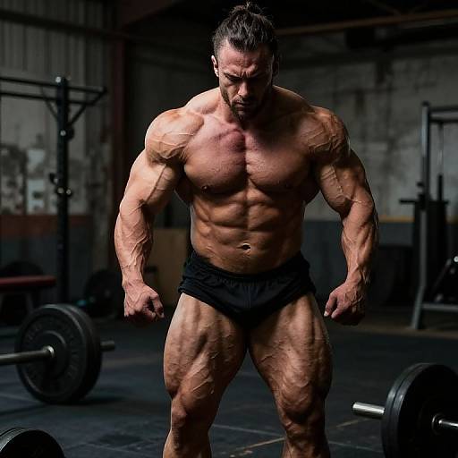 Photograph of a muscular, bearded man with dark hair, wearing black briefs, standing in a dimly lit gym, showcasing defined, vein