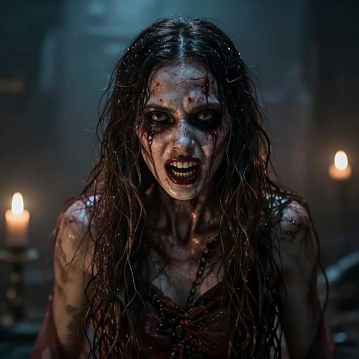 Photograph: Dark, blood-streaked zombie woman with wet, matted hair, snarling in dim blue light, surrounded by blurred candles