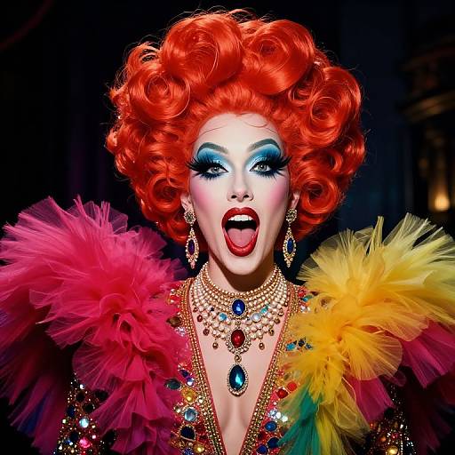 Photograph of a flamboyant circus performer with bright red curly hair, dramatic blue eye makeup, red lipstick, colorful feathered shoulders, and elaborate