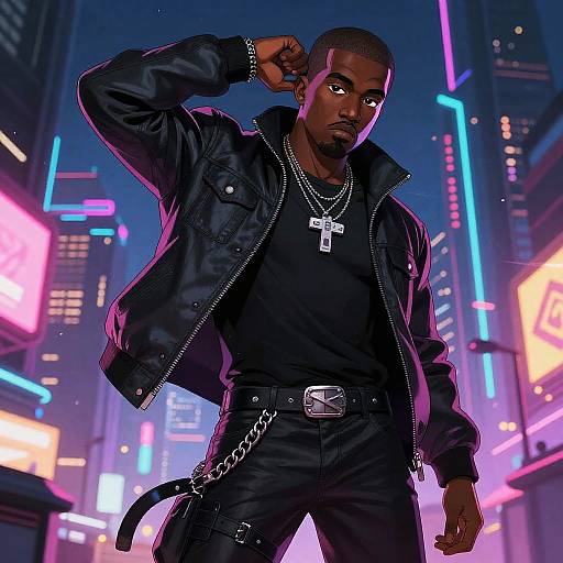 Digital artwork of a confident Black man in a black leather jacket, black shirt, and pants, with a cross necklace, standing in a neon-lit