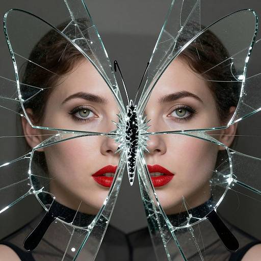 Photograph of a woman with fair skin, red lipstick, and blue eyes, framed by a shattered glass butterfly overlay.