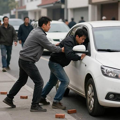 Urban Street Scuffle by White Car