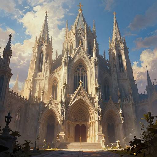 Photorealistic digital rendering of a grand Gothic-style cathedral with intricate spires, illuminated by sunlight, under a blue sky with clouds.