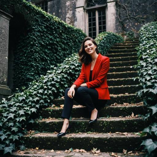 Confident Woman in Red Blazer on Ivy-Covered Stone Steps