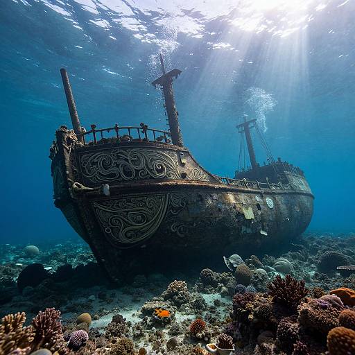 Photograph of an underwater shipwreck with intricate, weathered carvings, surrounded by vibrant coral reefs and marine life, bathed in sunlight
