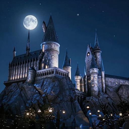 Photograph of Hogwarts Castle under a full moon, illuminated in blue hues, with starry sky and detailed Gothic architecture.