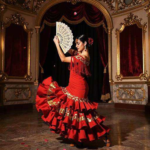 Photograph of a flamenco dancer in a vibrant red ruffled dress, holding a lace fan, performing against an ornate, gold-accented