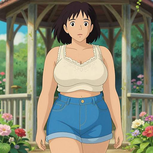 Anime-style digital drawing of a young woman with short black hair, wearing a white lace-trimmed tank top and blue denim shorts, standing in a