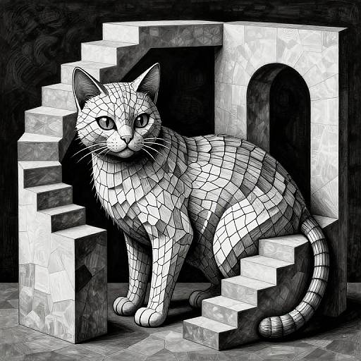 Black-and-white digital drawing of a mosaic-patterned cat sitting on stone stairs with an arched doorway in the background.